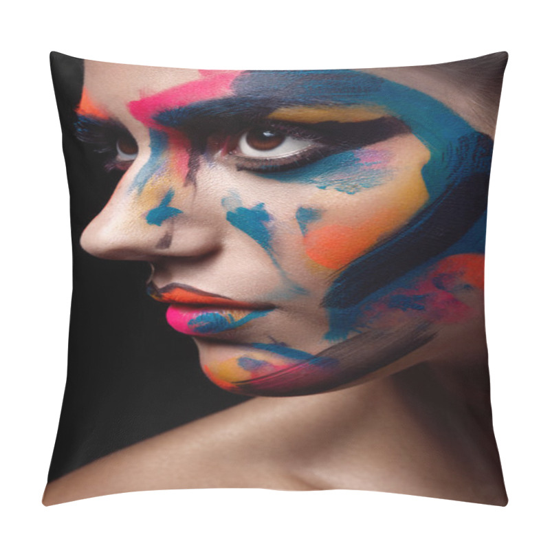 Personality  Close Up Portrait Of A Young Woman With Unusual Makeup On A Dark Black Background Pillow Covers