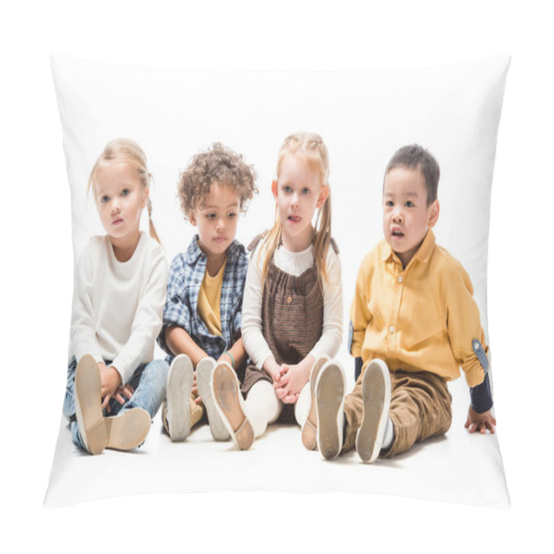 Personality  Adorable Multiethnic Kids Sitting Together On White Pillow Covers