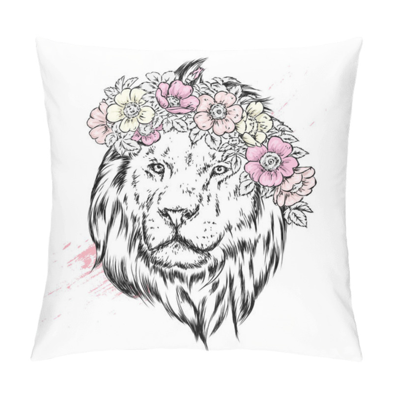 Personality  A Beautiful Lion In A Wreath Of Wild Rose. Vector Illustration For Postcard Or Poster, Print For Clothes. Spring And Summer, A Bouquet Of Flowers. Vintage And Retro. Hipster. Leo. Pillow Covers