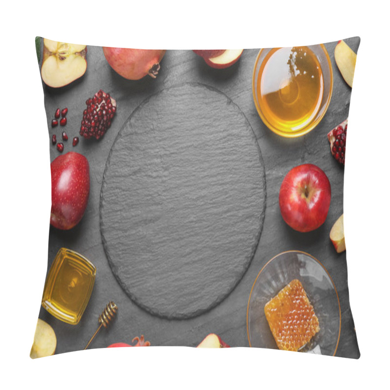 Personality  Frame Of Honey, Apples And Pomegranates On Black Table, Flat Lay With Space For Text. Rosh Hashanah Holiday Pillow Covers