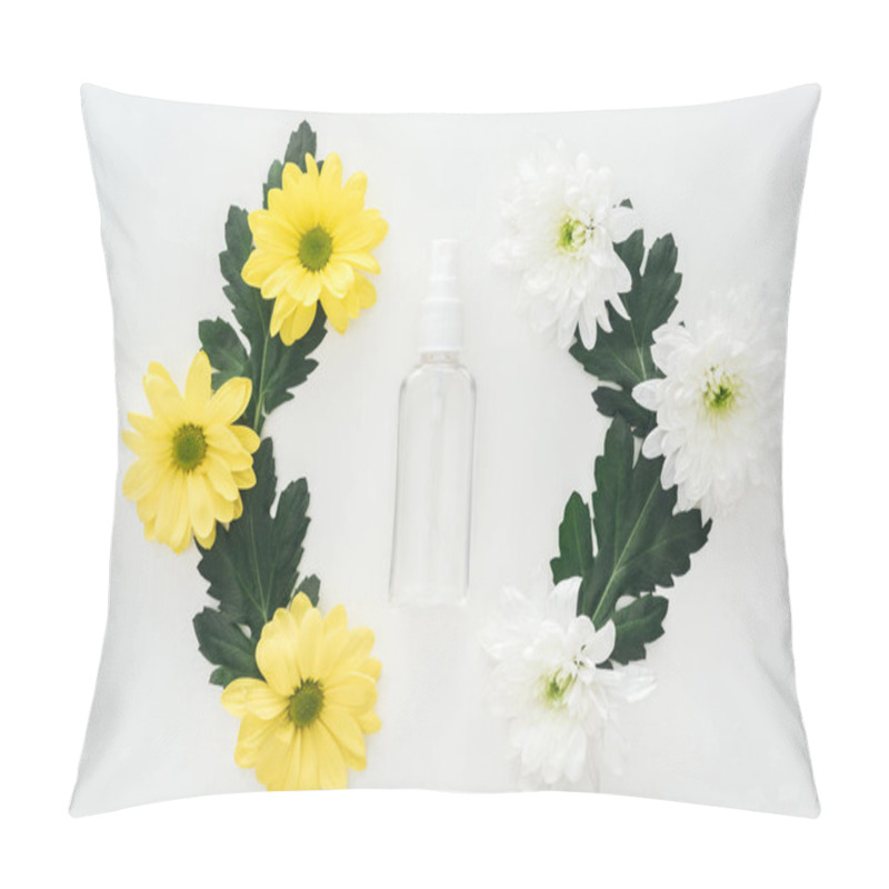 Personality  Top View Of Compositions With Chrysanthemums And Empty Spray Bottle On White Background Pillow Covers