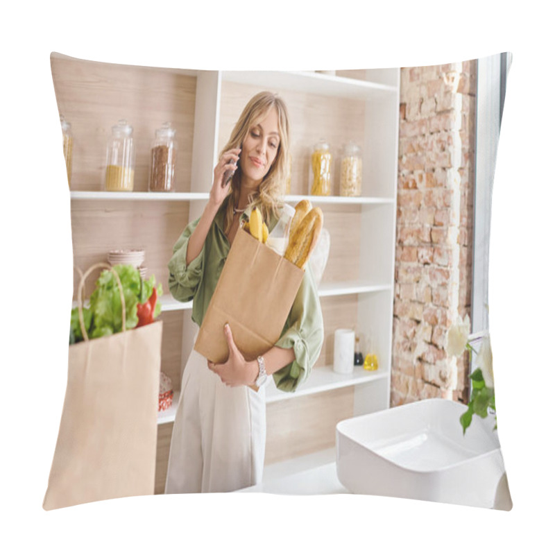 Personality  A Woman Standing In A Kitchen Holding A Bag Of Bread. Pillow Covers