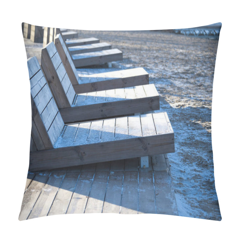 Personality  Peaceful Lakeside Scene Featuring Modern Wooden Benches Along A Boardwalk, Adjacent To A Sandy Beach With Calm Water. Perfect For Relaxation And Enjoying Nature's Tranquility. Pillow Covers