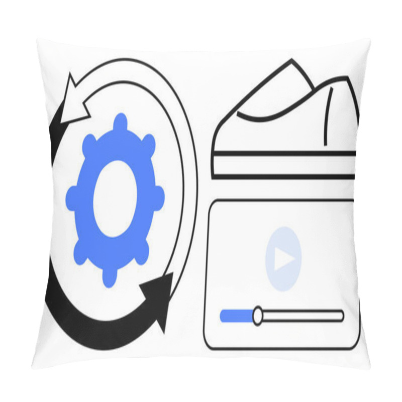 Personality  Gear Inside Circular Arrows Next To Shoe Design Outline And Video Tutorial Play Button With Progress Bar. Ideal For Product Development, Manufacturing, Education, E-commerce, Technology, Training Pillow Covers