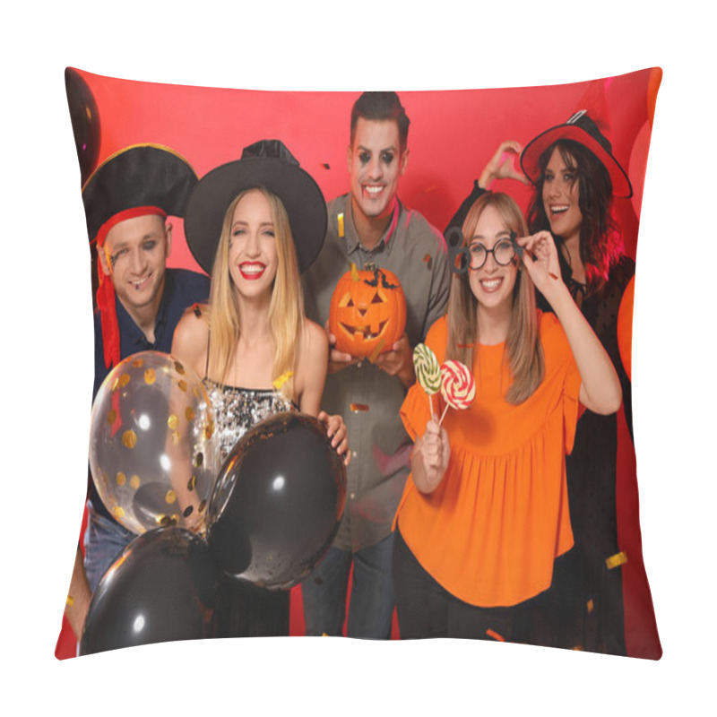 Personality  Happy Friends In Costumes With Halloween Party Accessories On Red Background Pillow Covers