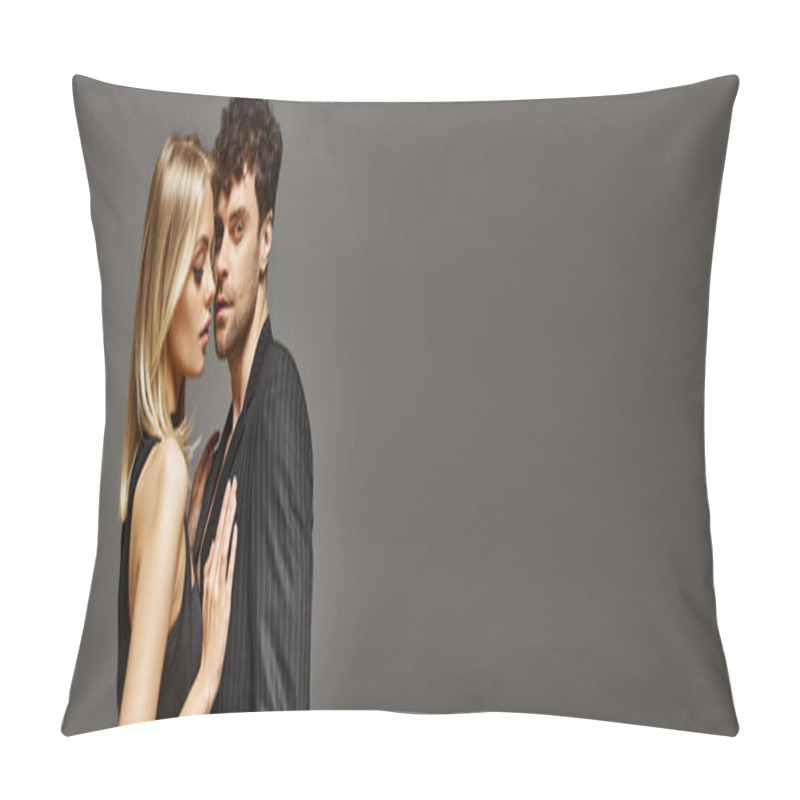 Personality  Blonde Woman In Black Dress Seducing Good Looking Man In Evening Attire On Grey Background, Banner Pillow Covers