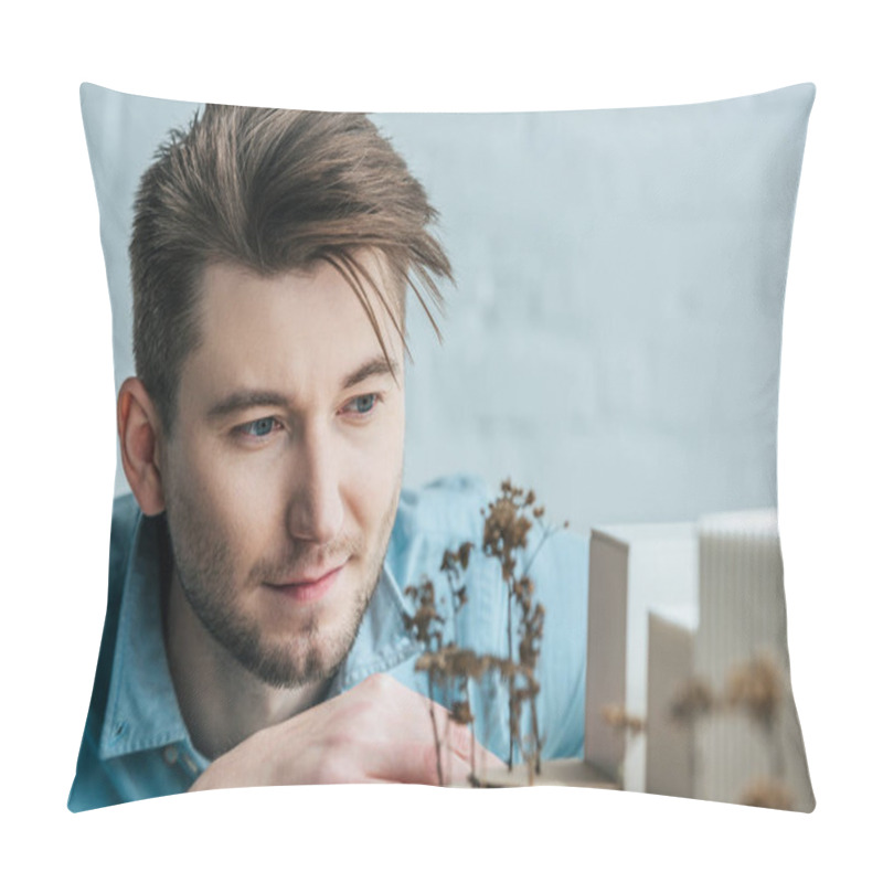 Personality  Selective Focus Of Architect Looking At Self Made Building Model In Office Pillow Covers