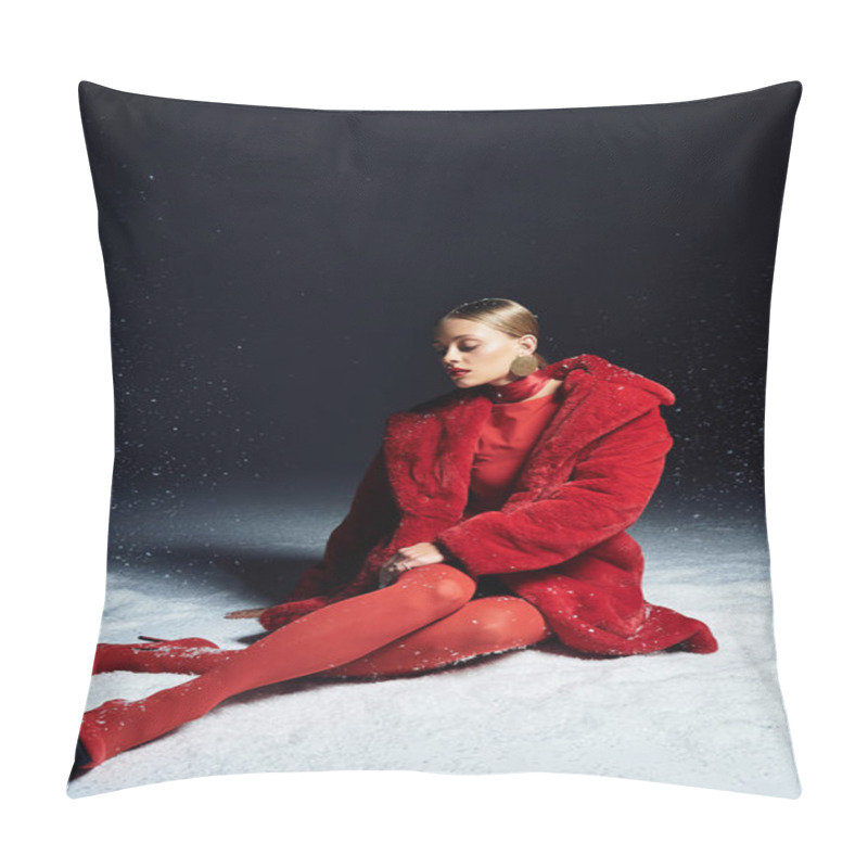 Personality  A Young Woman Adorned In A Vibrant Red Ensemble Poses Elegantly Amidst Falling Snow At Night. Pillow Covers