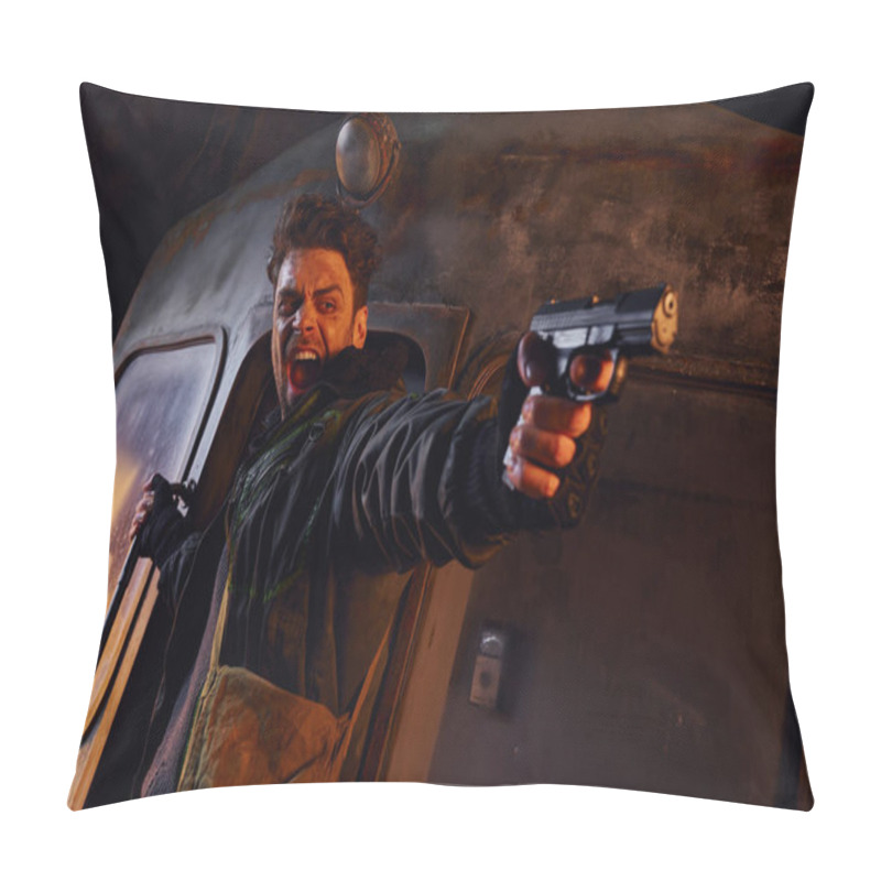 Personality  Screaming Man With Gun Shooting In Darkness Of Abandoned Post-apocalyptic Subway, Danger And Despair Pillow Covers