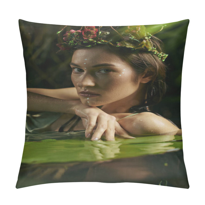 Personality  Beautiful Woman Wearing Flower Crown, Sitting In Tranquil Pond. Pillow Covers