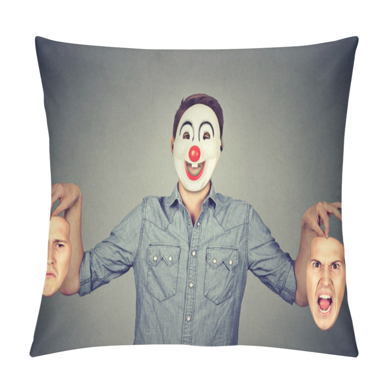 Personality  Man In Happy Clown Mask Holding Two Faces Expressing Anger And Sadness  Pillow Covers