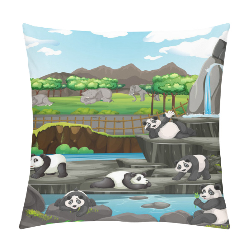 Personality  Scene With Pandas And Elephants At The Zoo Pillow Covers