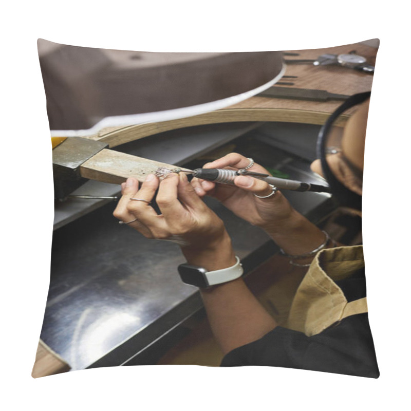 Personality  A Skilled Artisan Delicately Shapes Beautiful Jewels In A Cozy Workshop Filled With Tools. Pillow Covers