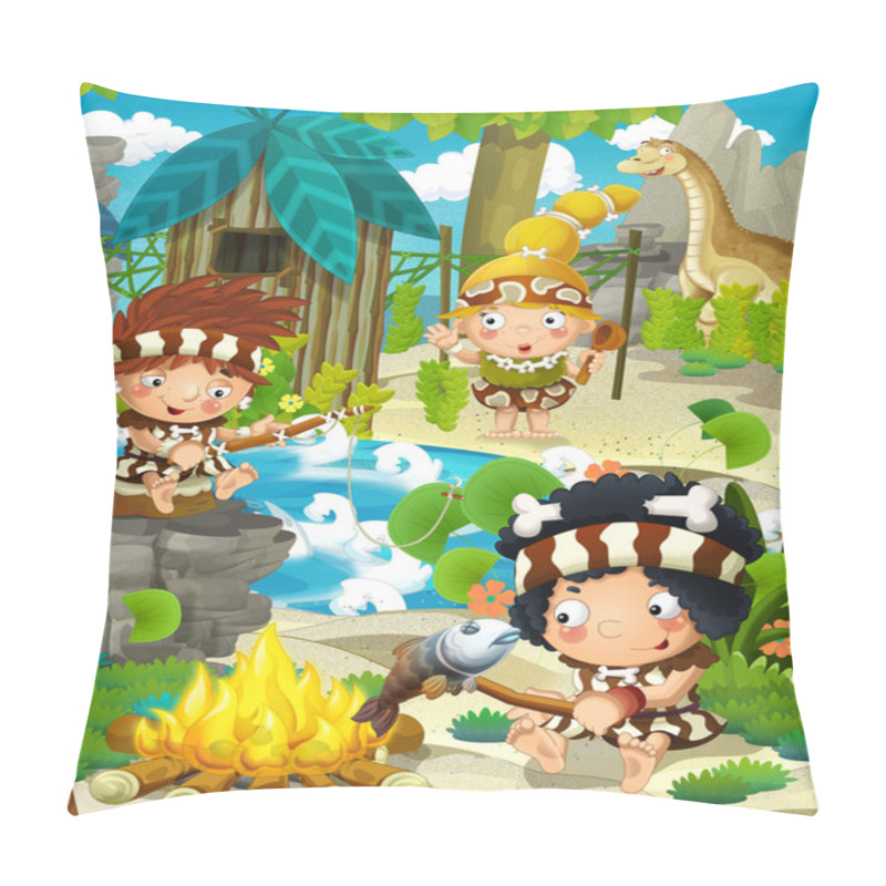 Personality  The Cavemen - Stone Age Family - Happy Illustration For Children Pillow Covers