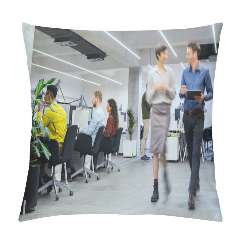 Personality  Group Of Businesspeople Working In Creative Office. Interior Of Busy Employees In A Co-working Space. Corporate Businessmen And Businesswomen Sitting At Desks And Walking At Work. Pillow Covers