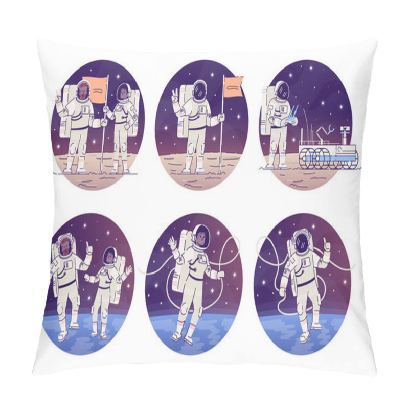 Personality  Astronauts In Outer Space Flat Concept Icons Set. Cosmonauts Flying In Zero Gravity, Placing Flag Stickers, Cliparts Pack. Alien Planet, Moon Landing Isolated Cartoon Illustrations On White Background Pillow Covers