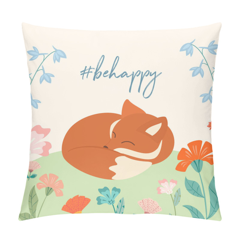 Personality  Beautiful Spring Template With Cute Sleeping Fox And Text. Vector Illustration. Can Be Used For Banner, Poster, Card, Postcard And Printable. Pillow Covers