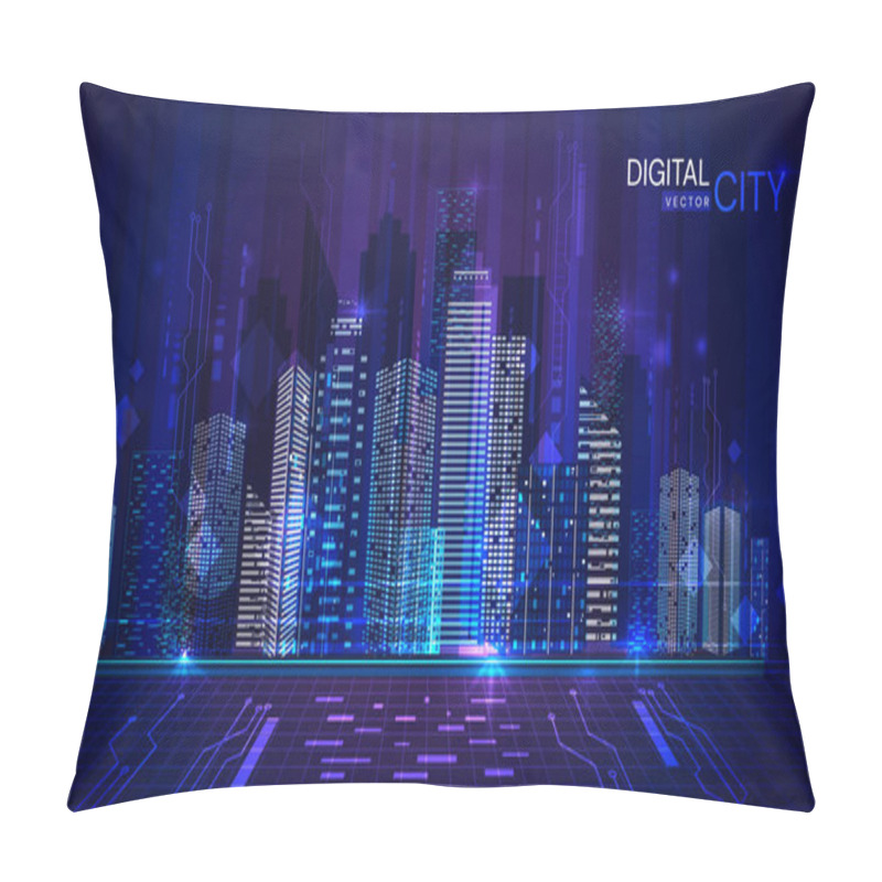 Personality  Panorama Banner Of Digital City At Twilight In Cool Blue Tones With Lights Illuminated In The High-rise Buildings Of The Central Business District, Vector Illustration. Pillow Covers