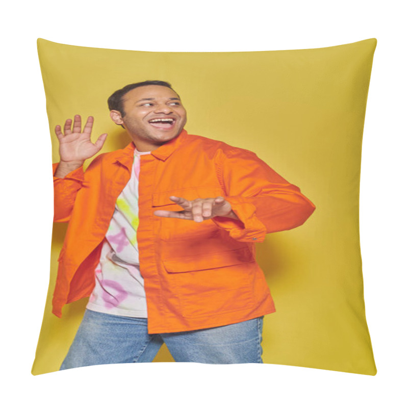 Personality  Portrait Of Astonished Indian Man In Orange Jacket And Diy T-shirt Gesturing On Yellow Backdrop Pillow Covers