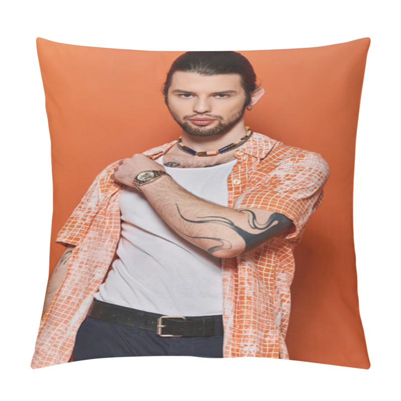 Personality  A Handsome Caucasian Man In Trendy Attire Showcases A Tattoo On His Arm. Pillow Covers