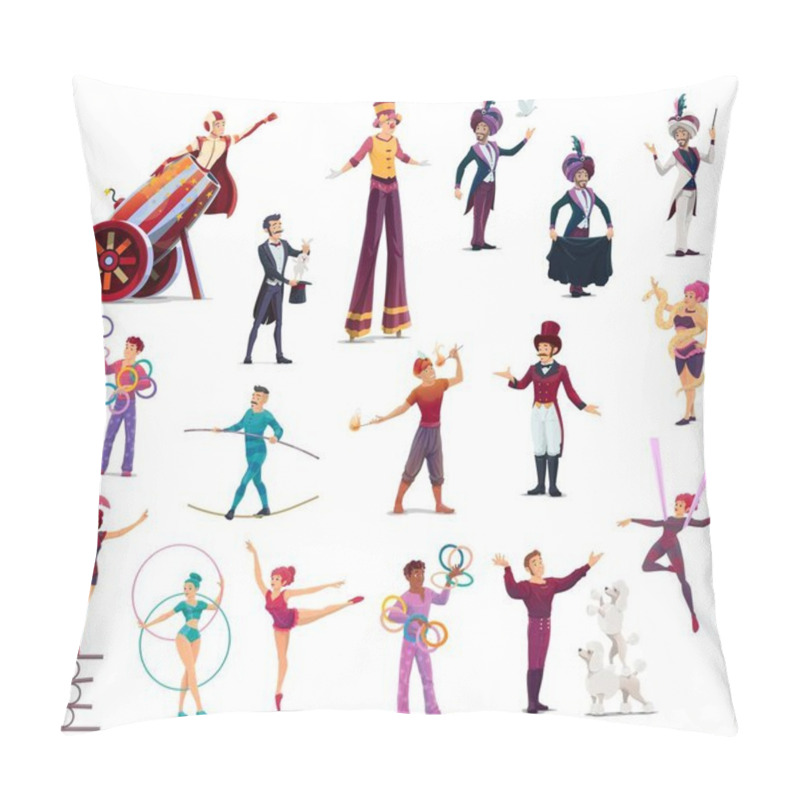 Personality  Circus Cartoon Characters Vector Performers, Top Tent Artists Clown, Acrobat And Man Cannon Ball. Trained Dogs, Juggler, Magician Or Trapeze Girl, Woman With Snake, Balancer And Tamer With Gymnast Set Pillow Covers