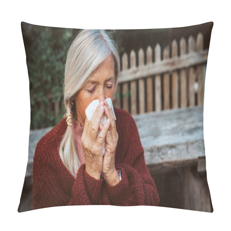 Personality  Senior Women Feeling Sick, Blowing Her Runny, Stuffy Nose Into Tissue And Sneezing Pillow Covers