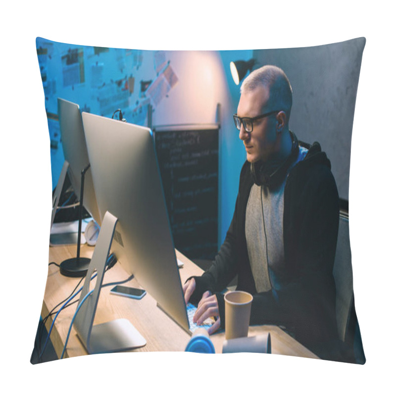 Personality  Serious Young Hacker Developing Crimeware Pillow Covers