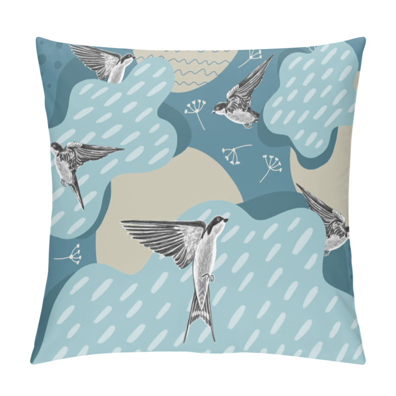 Personality  Blue Background With Swallows Pillow Covers