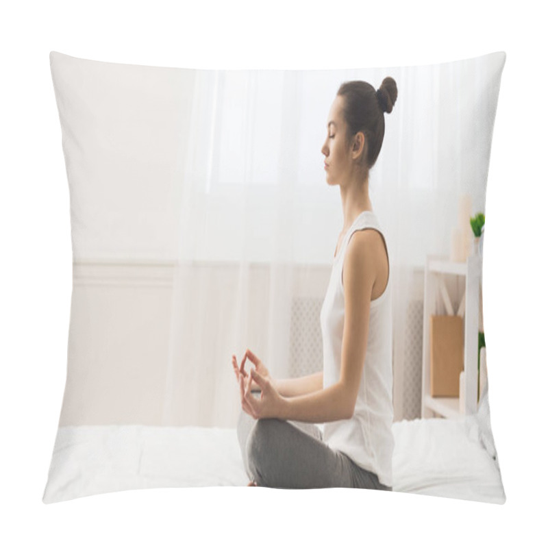 Personality  Morning Meditation. Woman Practicing Yoga On Bed Pillow Covers