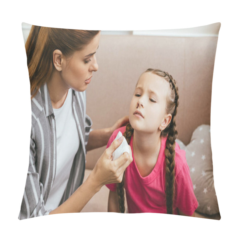 Personality  Worried Mother Holding Napkin Near Daughter With Nasal Bleeding Pillow Covers