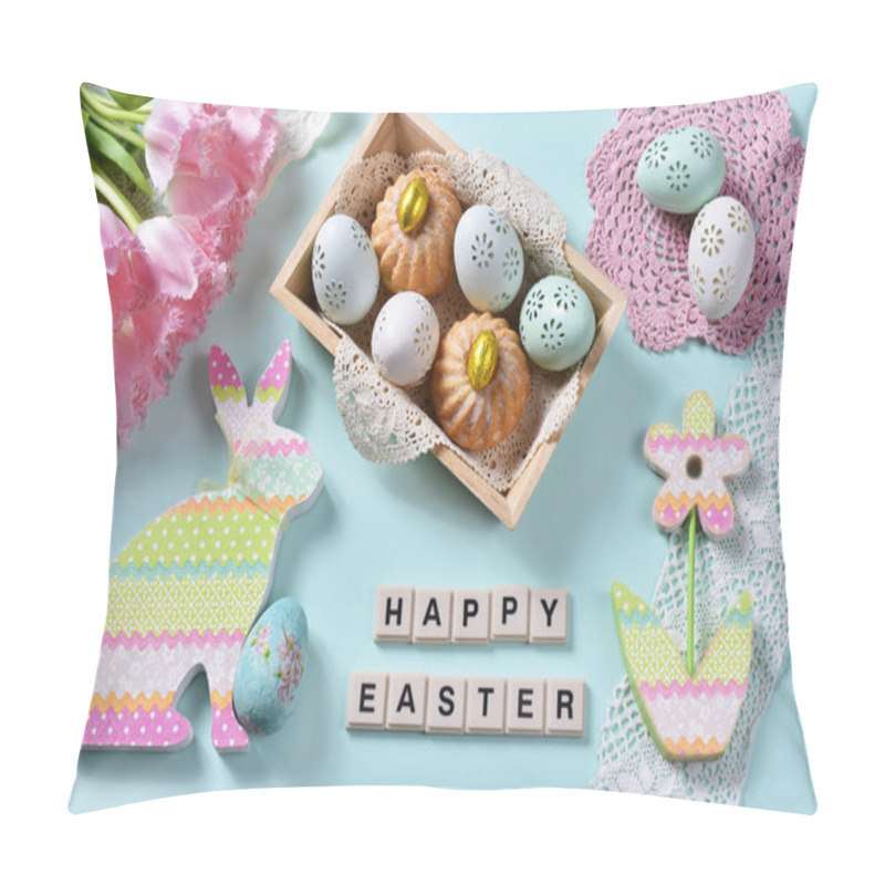 Personality  Easter Flat Lay With Bunch Of Pink Tulips,painted Eggsand Mini Ring Cakes In Wooden Box And Decors On Mint Background Pillow Covers