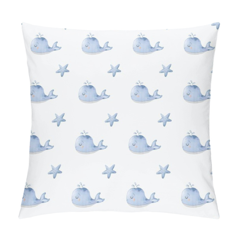 Personality  Charming Blue Whales And Starfish Create A Delightful Pattern Perfect For Baby Fabrics And Wallpapers. Pillow Covers