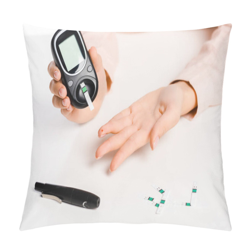 Personality  Cropped Image Of Woman Measuring Level Of Glucose In Blood With Glucometer Isolated On White, Diabetes Concept Pillow Covers