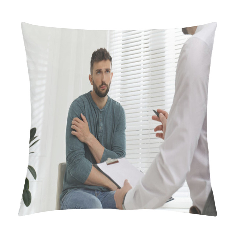 Personality  Psychotherapist Working With Drug Addicted Man Indoors Pillow Covers