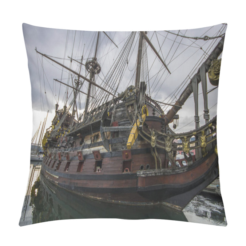 Personality  The Neptune, A Ship Replica Of A 17th-century Spanish Galleon Built In 1985 For Roman Polanski's Film Pirates. Currently An Attraction In The Port Of Genoa, Italy Pillow Covers