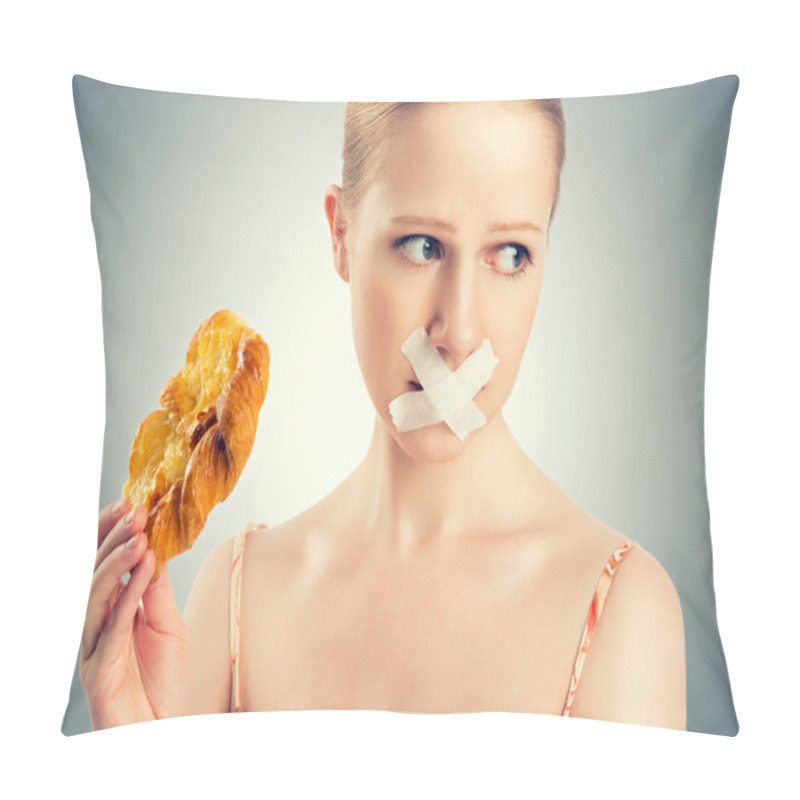 Personality  Diet Concept. Woman Mouth Sealed With Duct Tape With Buns Pillow Covers