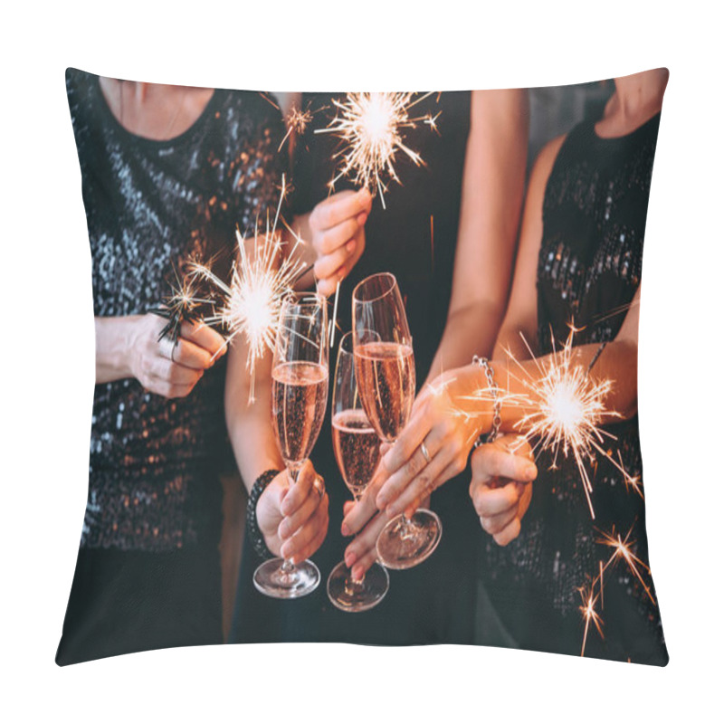 Personality  Friends Celebrating Christmas Or New Year Eve Party With Bengal Lights And Rose Champagne. Pillow Covers