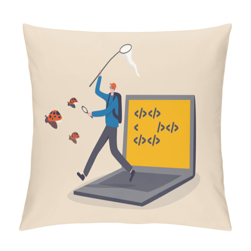 Personality  Programming Debug Search For Application Software Bug And Fix Code Concept, Young Nerd Programmer, Coder Or Software Tester Running From Computer Laptop Using Debugging Tools To Catch Ladybugs. Pillow Covers