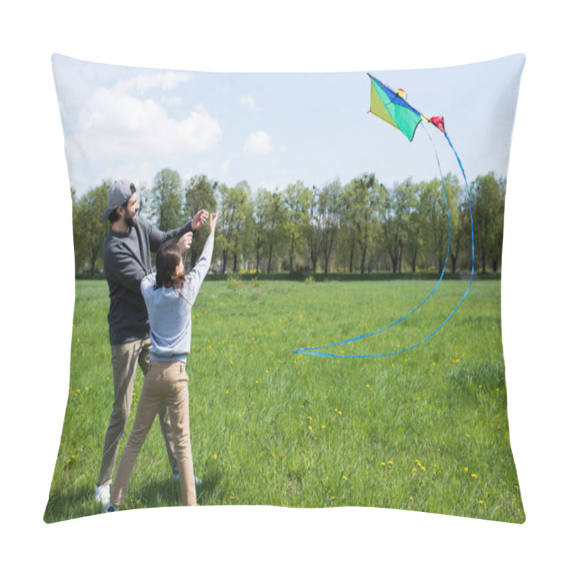 Personality  Smiling Father And Daughter Flying Kite On Meadow In Park Pillow Covers