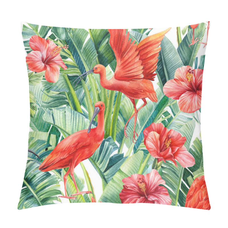 Personality  Tropical Leaves Palm, Hibiscus Flowers And Ibis Birds On An Isolated Background. Watercolor Seamless Pattern Pillow Covers