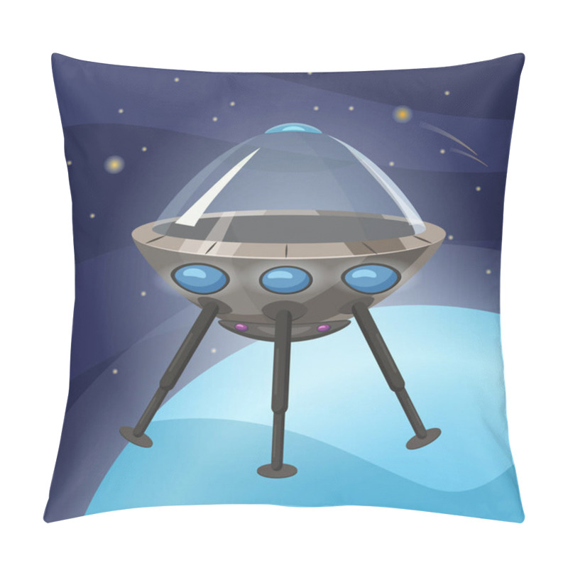 Personality  UFO Spaceship, Cartoon Style, Background Space Planet, Isolated, Vector, Illustration Pillow Covers