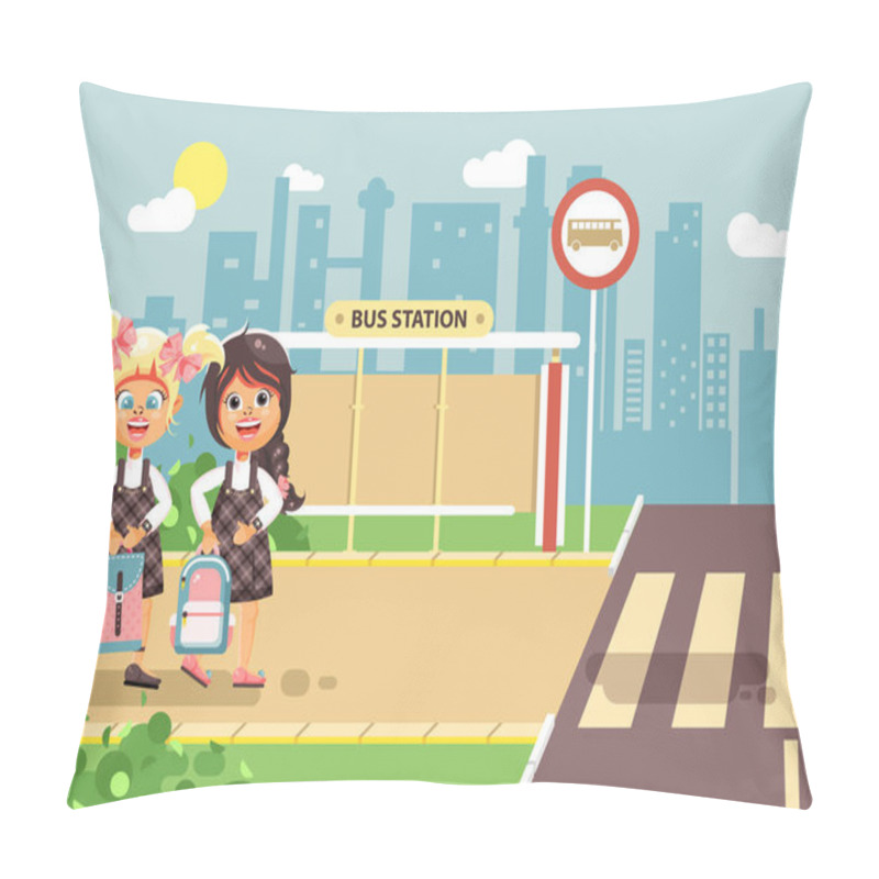 Personality  Vector Illustration Cartoon Characters Children, Traffic Rules, Two Blonde And Brunette Girls Schoolchildren, Pupils Go To Road Pedestrian Crossing, Bus Stop Background Back To School Flat Style Pillow Covers