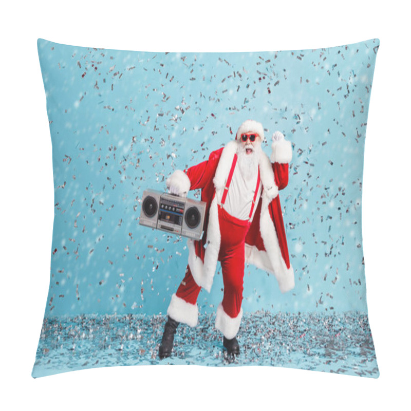 Personality  Full Length Photo Of Pensioner Grandfather Careless Dance Raise Fist Confetti Hold Retro Radio Wear Red Santa X-mas Costume Suspender Sunglass Cap Boots Pants Isolated Blue Color Background Pillow Covers