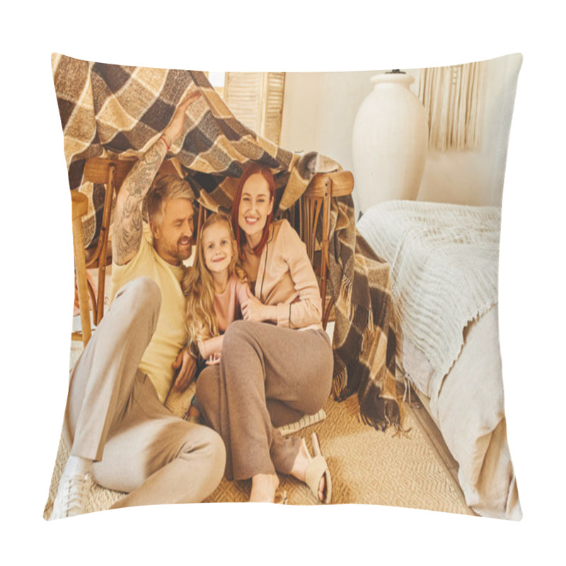 Personality  Cheerful Parents With Happy Daughter Hiding Under Blanket Hut In Living Room, Playing Together Pillow Covers