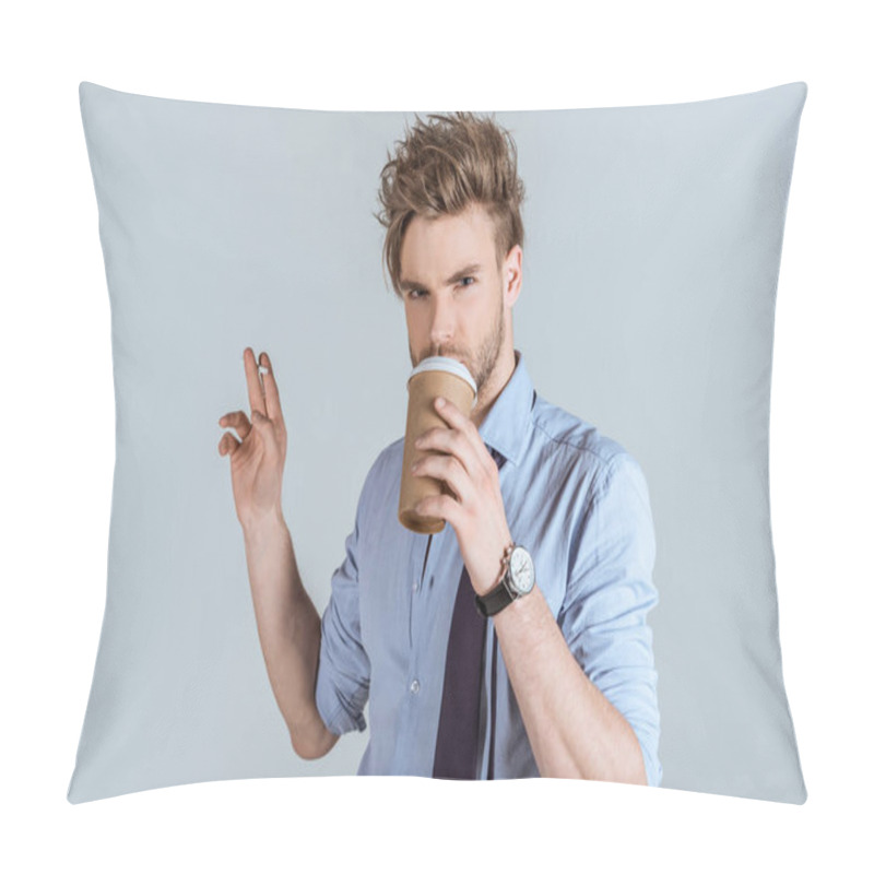 Personality  Tired Businessman Holding Cigarette And Drinking From Paper Cup Isolated On Grey  Pillow Covers