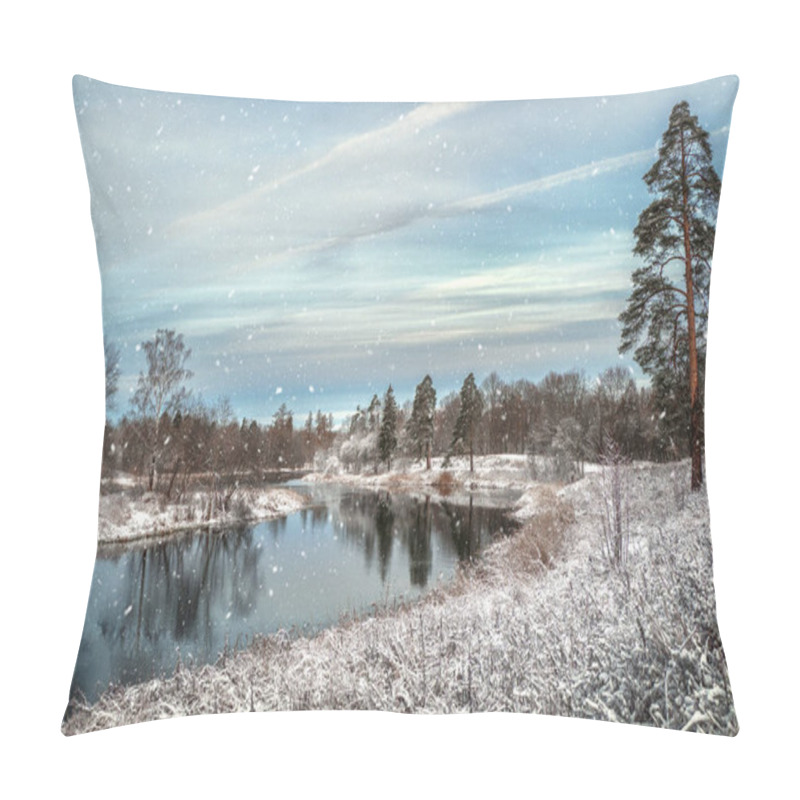 Personality  Winter Landscape. Snowfall On The Lake. Pillow Covers