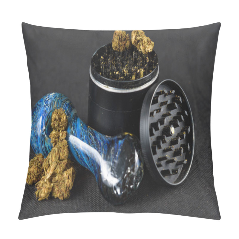 Personality  Close Up Of Medical Marijuana Bud With A Glass Pipe And Grinder Pillow Covers