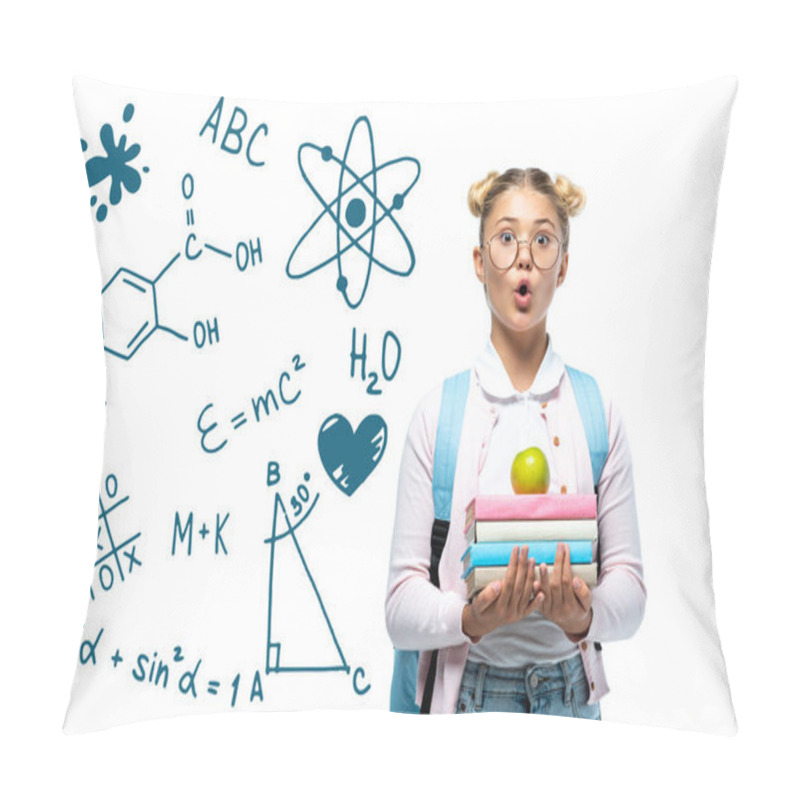 Personality  Shocked Schoolgirl Holding Apple And Books Near Math Illustration On White  Pillow Covers