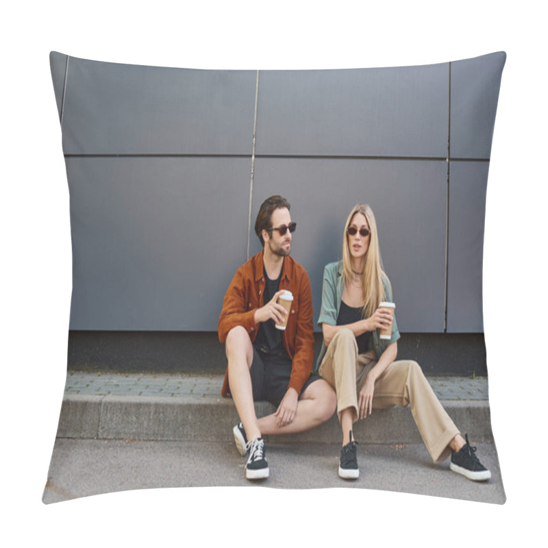 Personality  Couple Engaged In A Romantic Moment, Sitting On The Curb With Coffee Pillow Covers