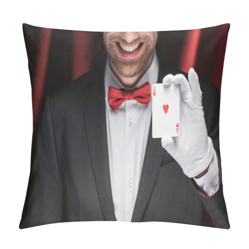 Personality  Cropped View Of Smiling Magician Holding Playing Cards In Circus With Red Curtains Pillow Covers